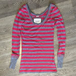 Y2K Abercrombie & Fitch Pink and Gray Striped Long Sleeve, Scoop Neck Top